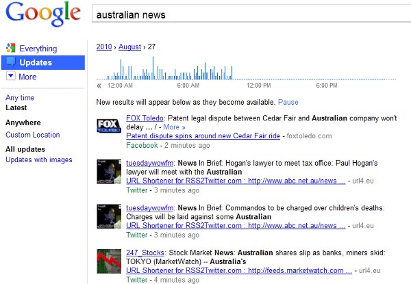 Google Realtime Search results page showing live updates for the query australian news