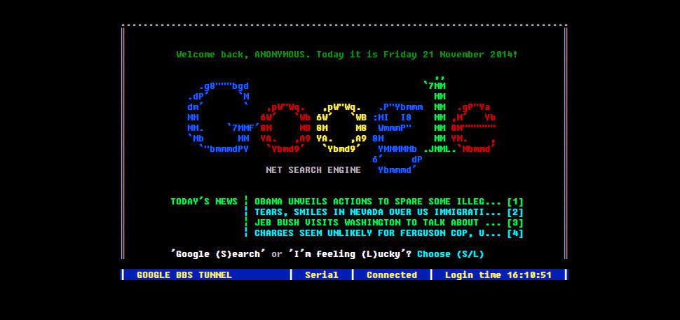 Google search interface rendered as an 80s-style BBS terminal with green text on black background