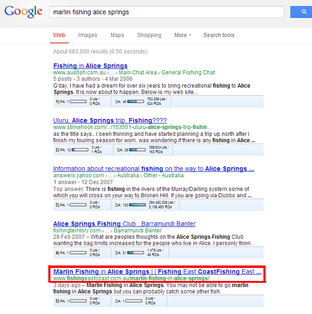 Google search results for marlin fishing alice springs showing co-citation SEO experiment with highlighted result