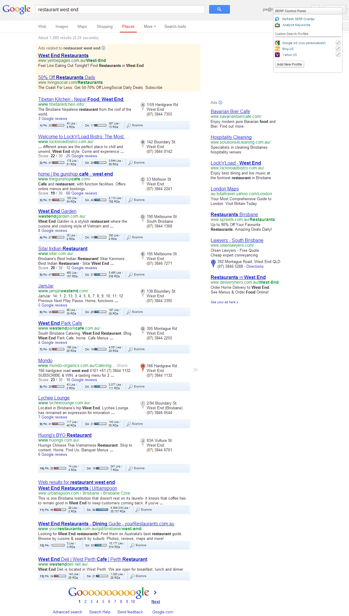 Google search results page for restaurant west end showing multiple local business listings