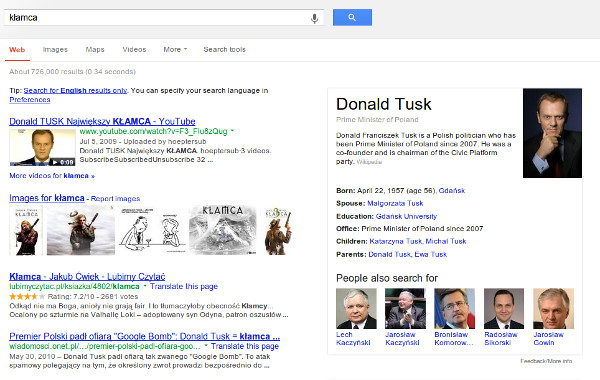 Google search results for the Polish word for liar showing Donald Tusk in the Knowledge Graph panel