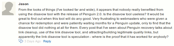 Search Engine Watch reader comment questioning whether Google's disavow tool actually works for Penguin recovery