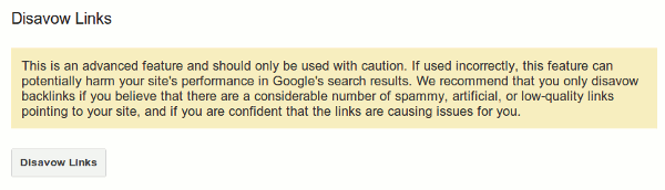Google Search Console Disavow Links tool warning message explaining risks of disavowing backlinks