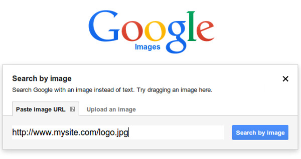Google Images search by image dialog box with a URL field and Search by Image button