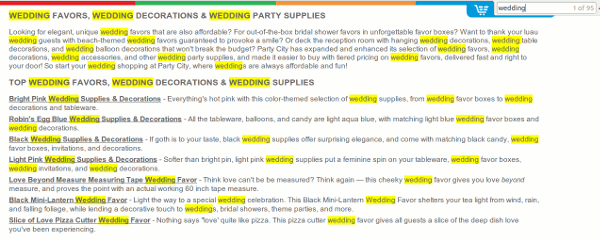 Screenshot of a webpage with the word 'wedding' highlighted repeatedly, illustrating keyword over-usage in SEO