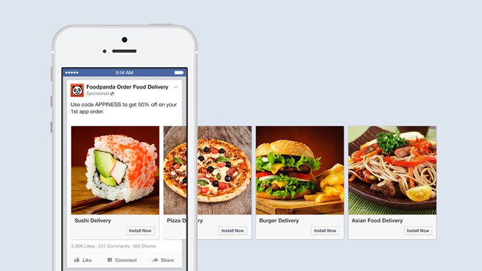 Facebook carousel ad on a smartphone showing food delivery options from Foodpanda