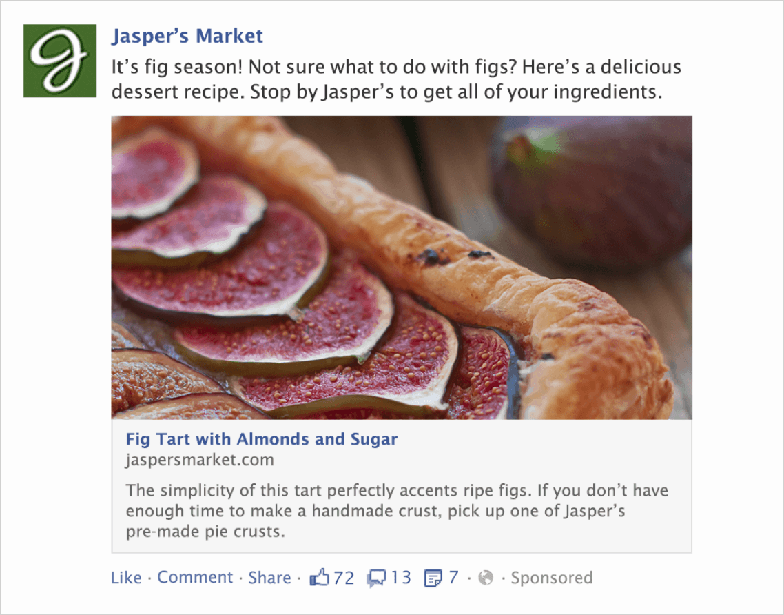 Facebook sponsored post from Jasper's Market promoting a fig tart recipe with link preview