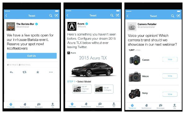 Three examples of Twitter mobile ads: call-to-action, interactive product configurator, and poll