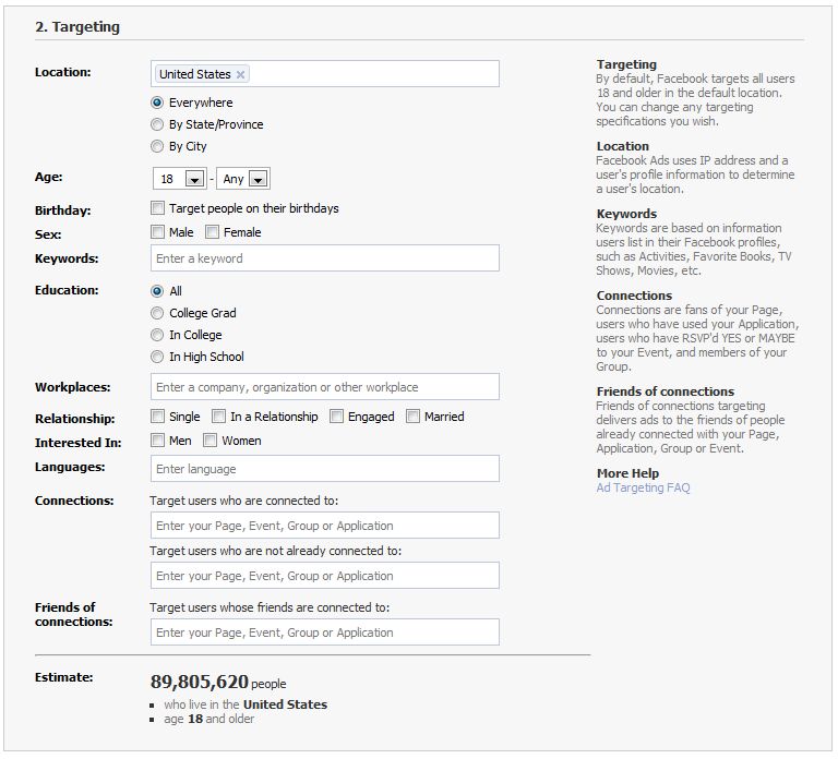 Facebook Ads targeting interface showing demographic options including location, age, education, and audience estimate of 89 million