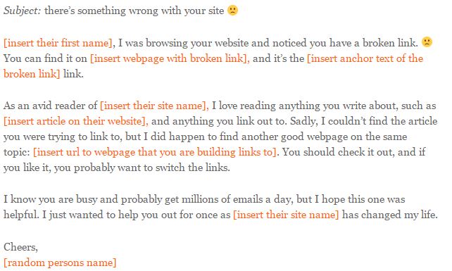 Broken link outreach email template with placeholder fields for personalisation