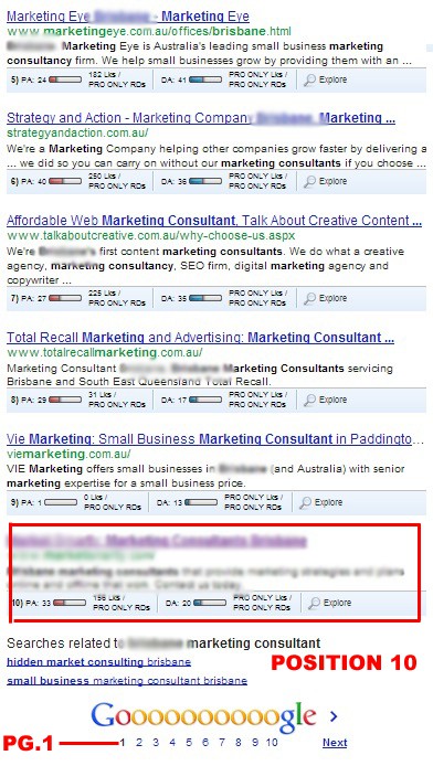 Google search results page showing a client site ranking at position 10 on page 1, highlighted in red