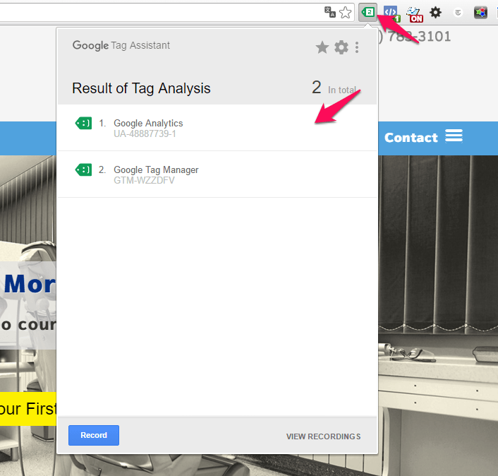 Google Tag Assistant browser extension showing two tags detected: Google Analytics and Google Tag Manager