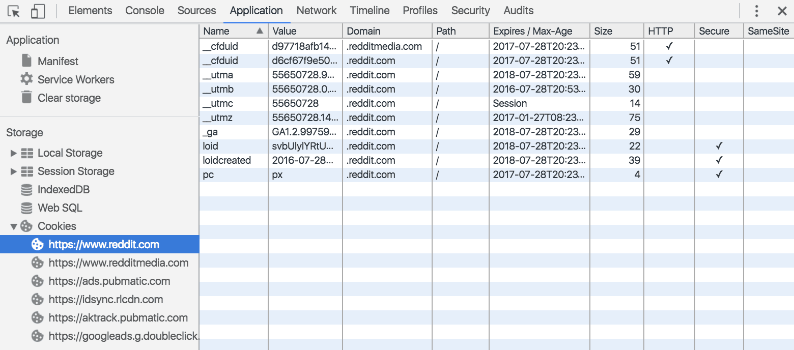 Chrome DevTools Application tab displaying cookies for reddit.com with expiry and secure flags