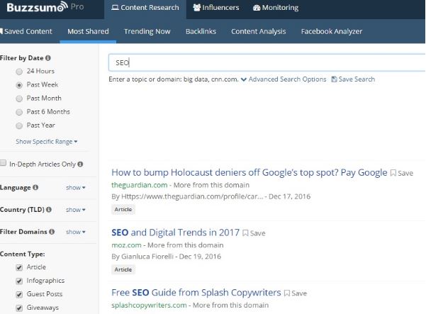 BuzzSumo Pro interface showing most-shared content search results for the keyword SEO