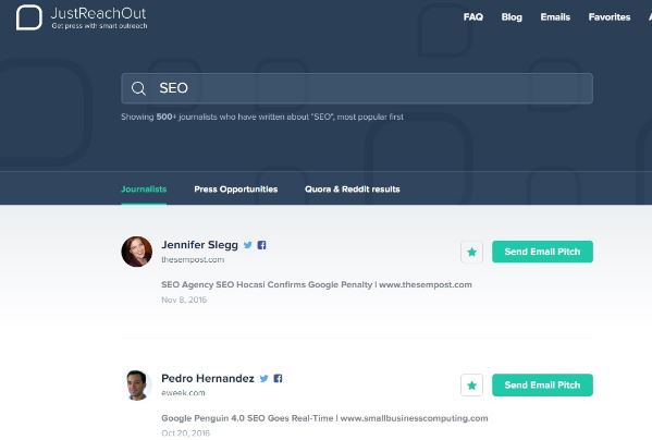 JustReachOut tool showing a list of journalists covering SEO topics with email pitch buttons