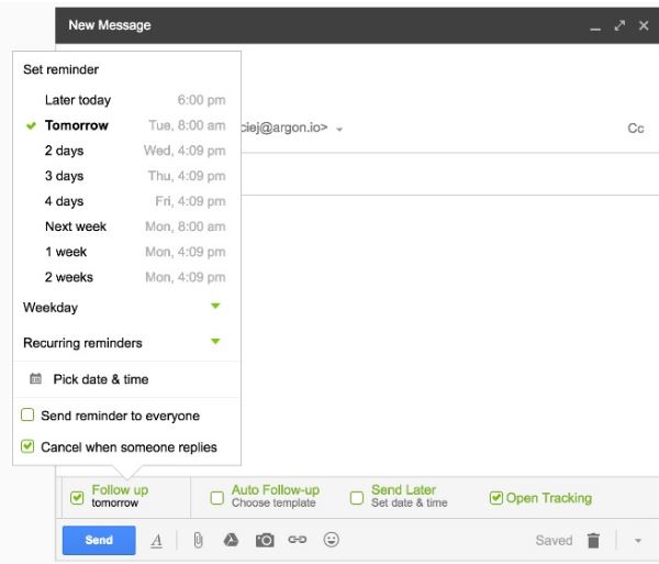 Gmail new message window with Boomerang reminder dropdown showing scheduling options including tomorrow and next week