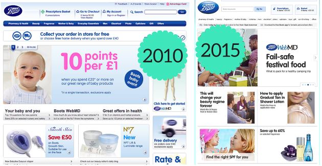 Side-by-side comparison of the Boots pharmacy website in 2010 and 2015 showing homepage design evolution