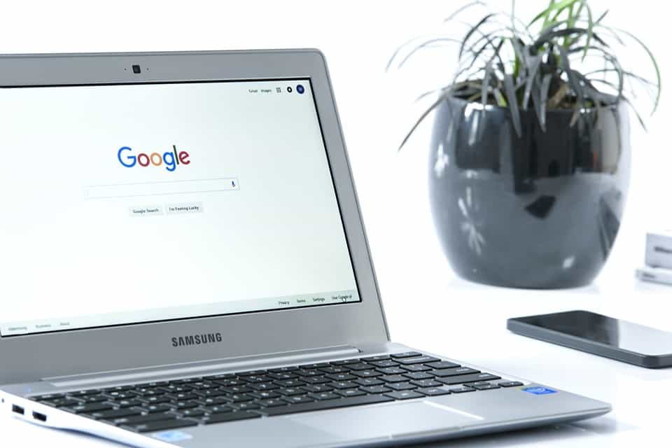 Samsung laptop open to the Google search homepage sitting on a desk beside a smartphone and potted plant