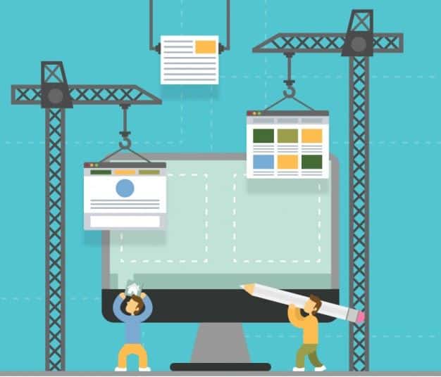 Flat illustration of construction cranes assembling web pages onto a desktop monitor, representing website building
