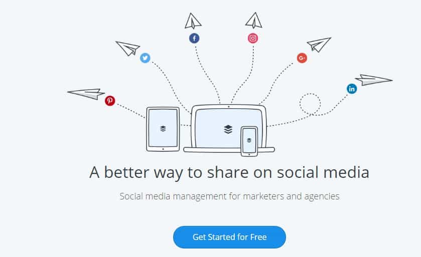 Buffer social media scheduling tool homepage showing multi-platform sharing across devices