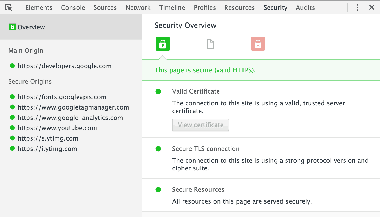 Chrome DevTools Security tab showing valid HTTPS certificate and secure TLS connection details
