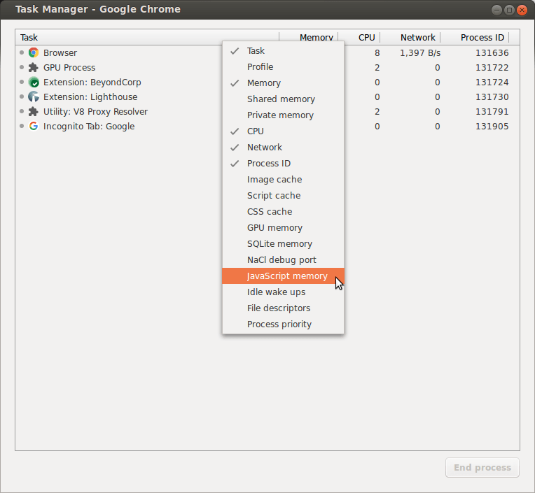 Chrome Task Manager showing browser processes with CPU, Memory and Network columns