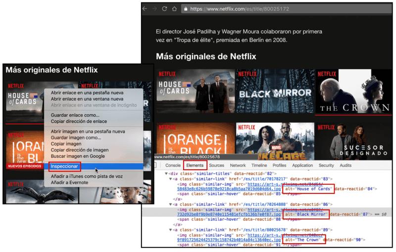 Chrome DevTools Elements panel inspecting Netflix page showing alt text attributes highlighted in red