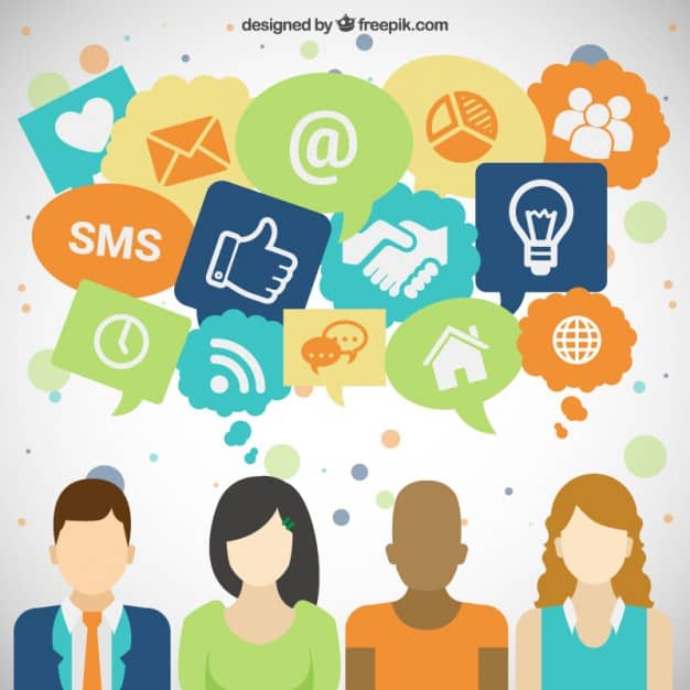 Flat design illustration of four people with speech bubbles containing digital communication and social media icons