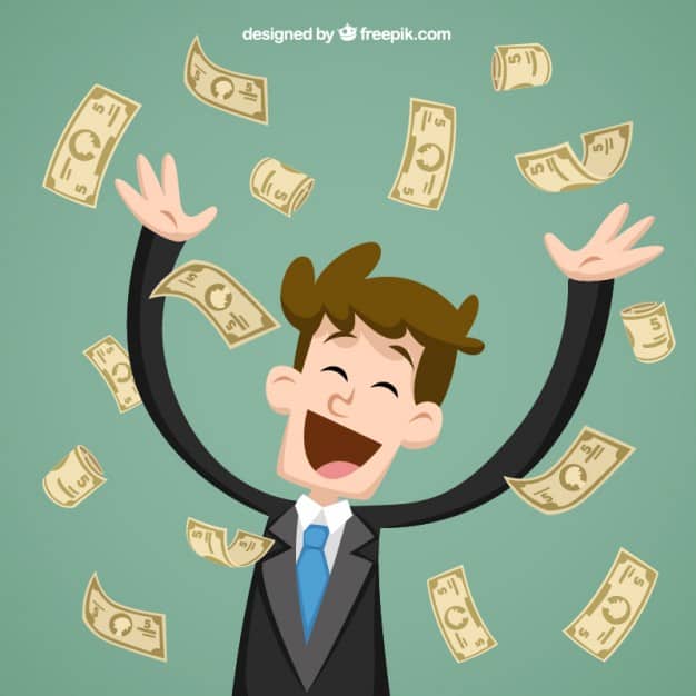 Cartoon businessman celebrating with arms raised as banknotes rain down, representing savings from reduced content costs