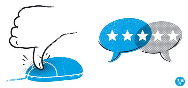 Illustration of a hand clicking a computer mouse next to two speech bubbles showing a 3-star and a 2-star rating