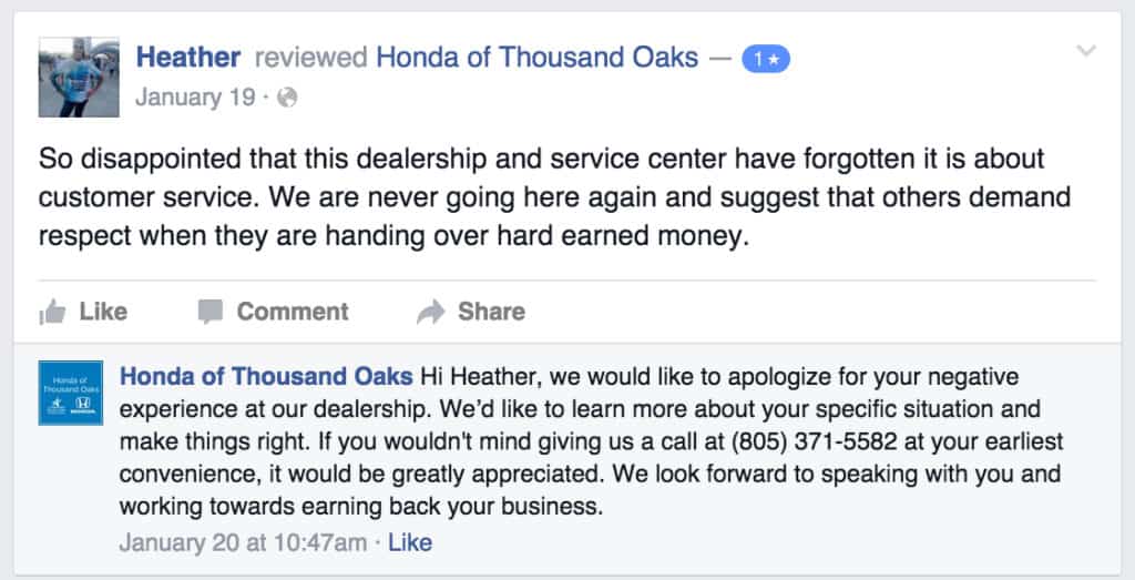 Facebook negative review of Honda of Thousand Oaks with a one-star rating and the dealership's professional apologetic response