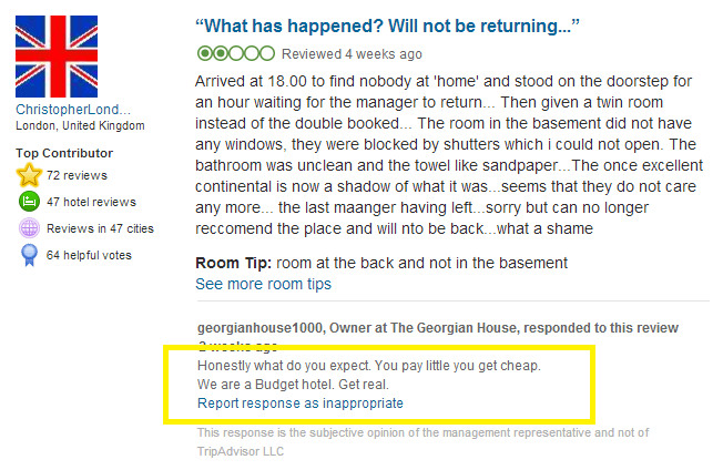 TripAdvisor review of The Georgian House hotel with a dismissive owner response highlighted, showing how not to reply to bad reviews