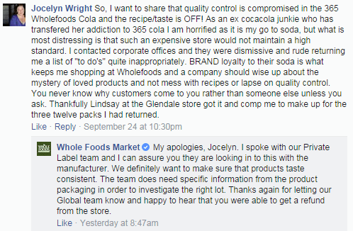 Facebook comment from a Whole Foods customer complaining about product quality, with Whole Foods Market responding professionally
