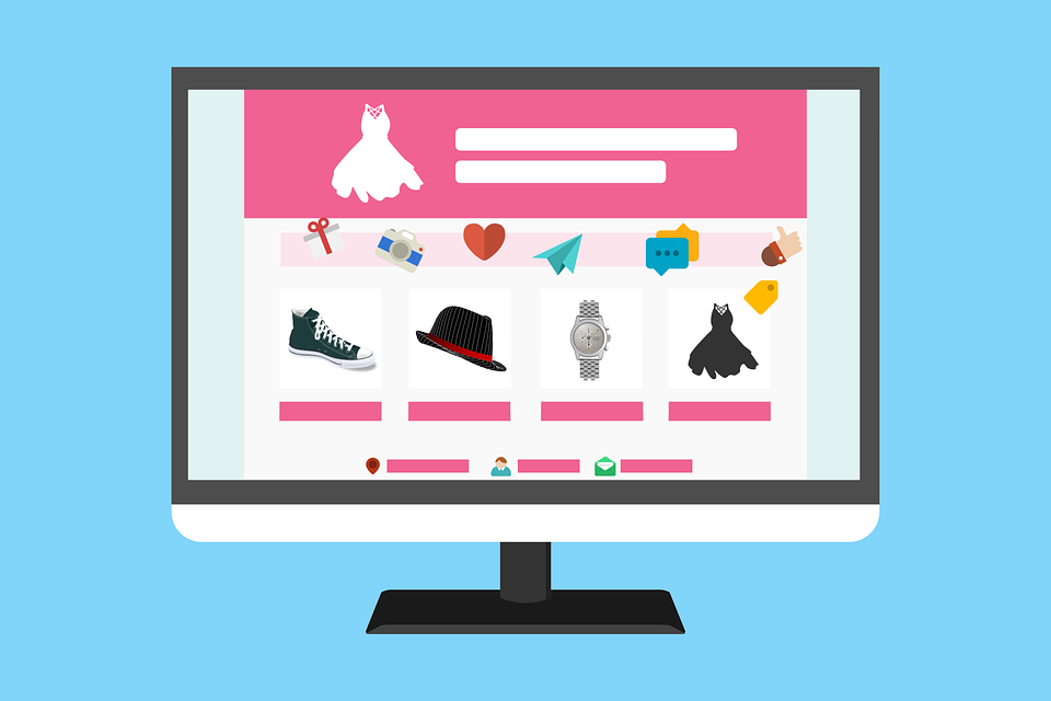 Flat illustration of a desktop monitor displaying an online fashion store with product listings for shoes, hats, watches and dresses
