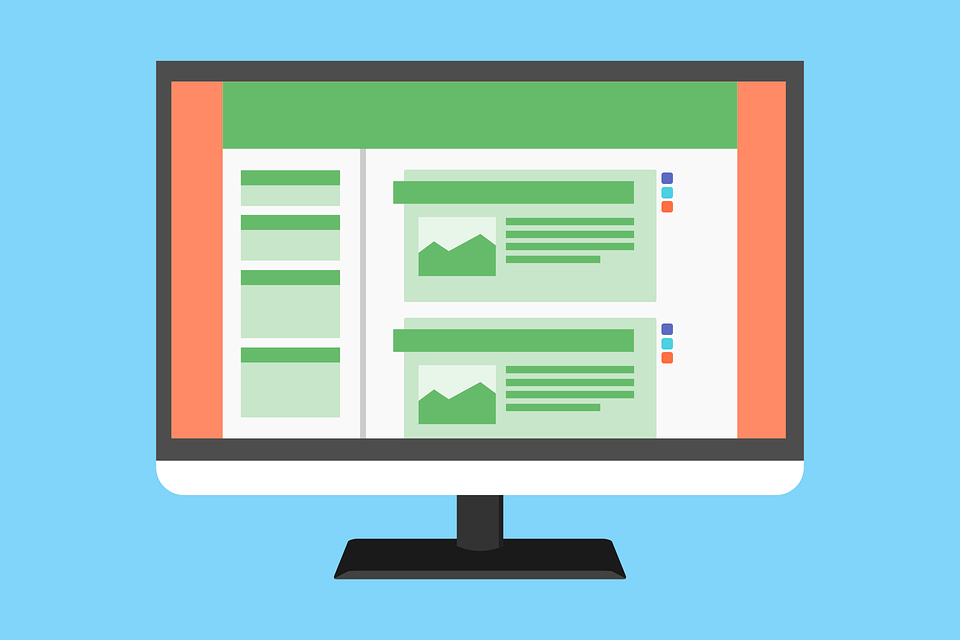 Flat design illustration of a desktop monitor displaying a two-column website layout with sidebar and content cards
