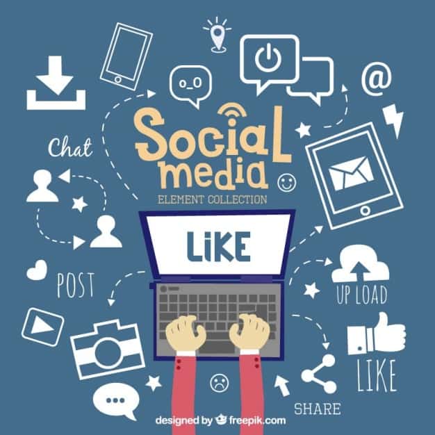 Social media icons and actions illustrated around a laptop with a Like button on screen