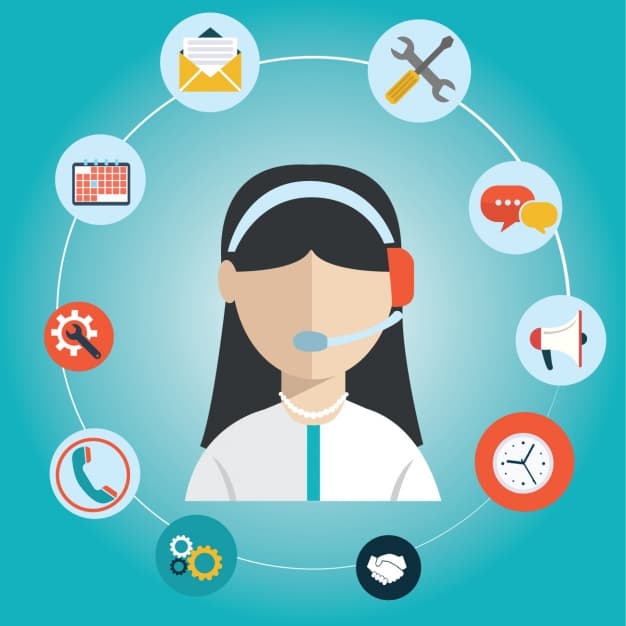 Flat-style illustration of a female customer service agent with a headset surrounded by support icons