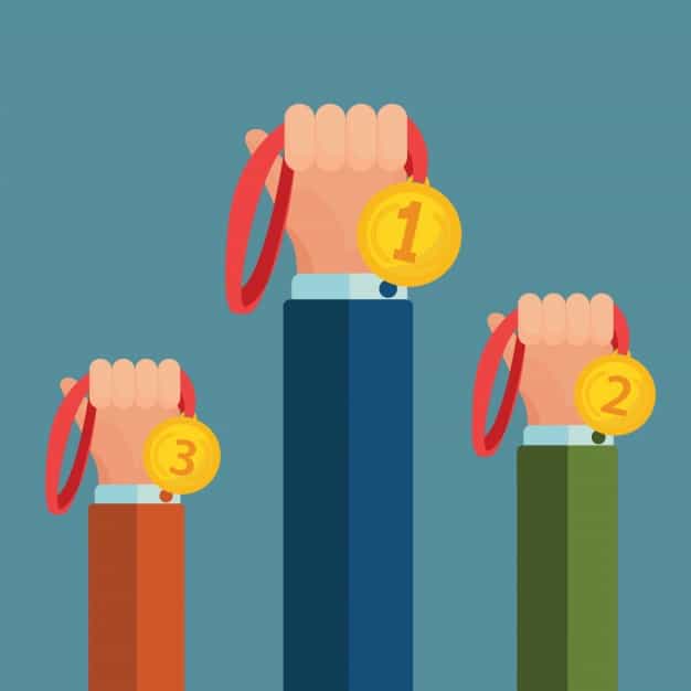 Three hands holding gold medals numbered 1, 2 and 3, representing search ranking positions affected by duplicate content