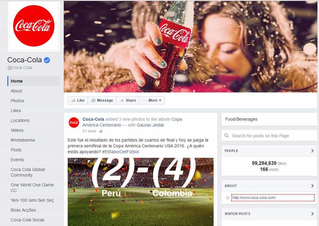 Coca-Cola verified Facebook page with cover photo and 99 million likes shown on brand profile