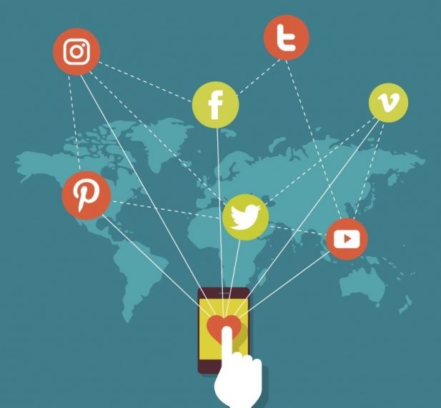 Illustration of a smartphone connecting to social media platform icons including Facebook, Twitter, Instagram, Pinterest and YouTube on a world map