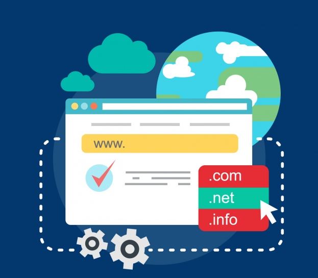 Flat illustration of a browser window with a www address bar and domain extension options (.com, .net, .info) for blog SEO