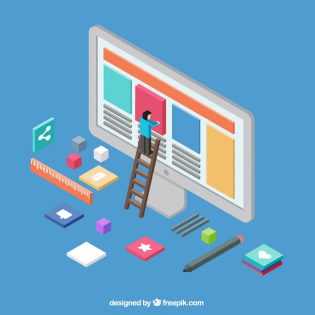Isometric flat illustration of a person on a ladder building a website on a large monitor, surrounded by design tools and icons