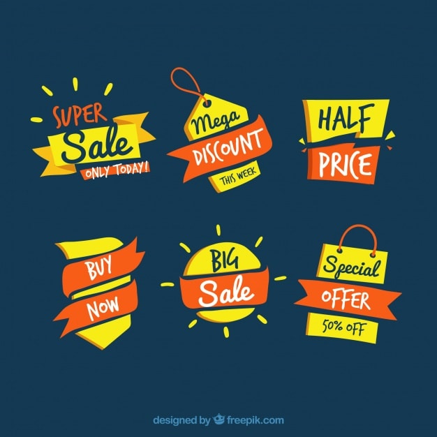 Collection of flat sale badge stickers including Super Sale, Mega Discount, Half Price, Big Sale and Special Offer 50% off labels