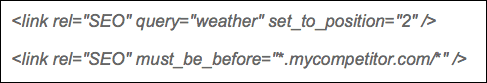Spoof HTML link rel tags labelled SEO with fictional query and competitor targeting attributes