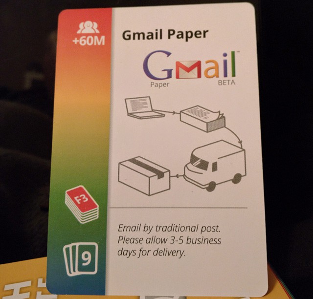 Gmail Paper promotional card advertising email delivered by traditional post as an April Fools joke