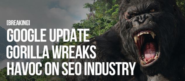Mock breaking news graphic reading Google Update Gorilla Wreaks Havoc on SEO Industry with an angry gorilla