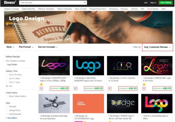 Fiverr logo design category page showing multiple freelance logo gig listings