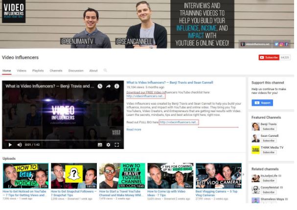 Video Influencers YouTube channel page with hosts Benji Travis and Sean Cannell