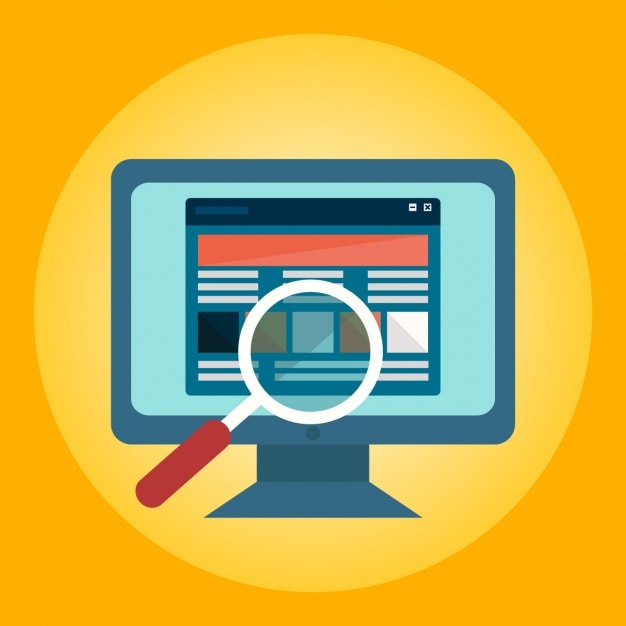 Flat icon of a desktop monitor displaying a webpage with a magnifying glass, illustrating website analysis for site speed