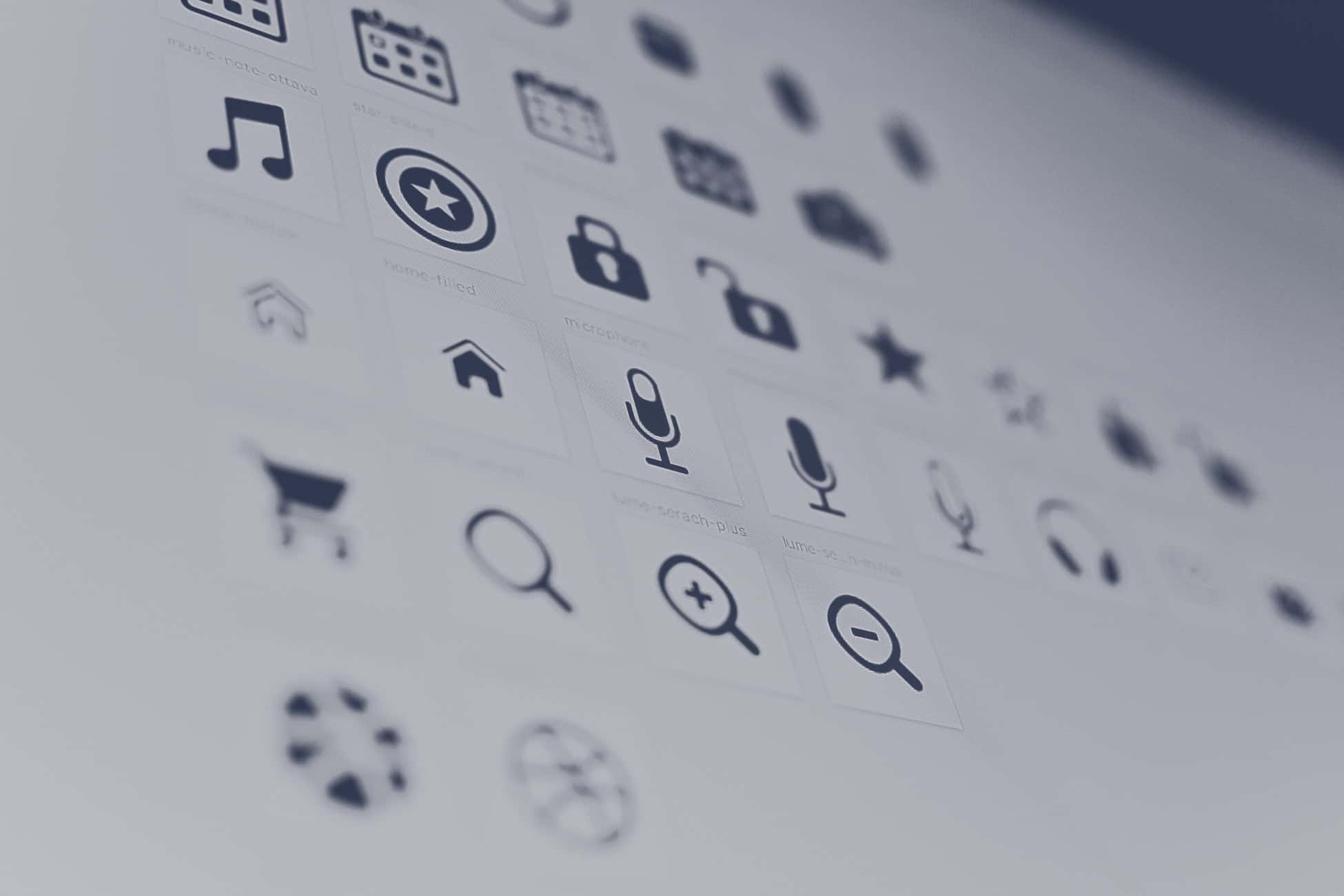 Grid of UI icons including search, microphone, home and music symbols, illustrating AMP web components